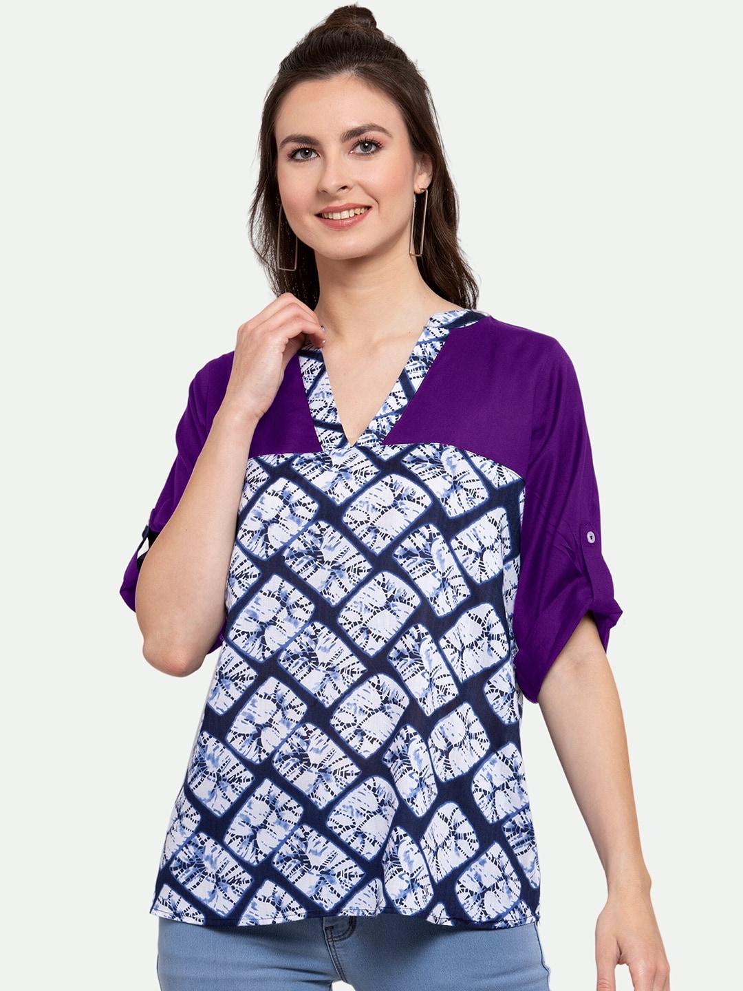 patrorna-women-print-mandarin-collar-roll-up-sleeves-top