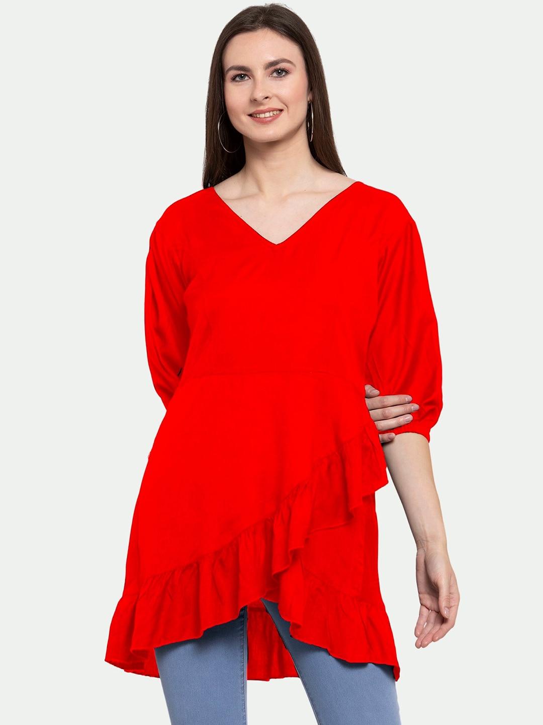 patrorna-women-red-solid-batwing-sleeves-layered-wrap-longline-top