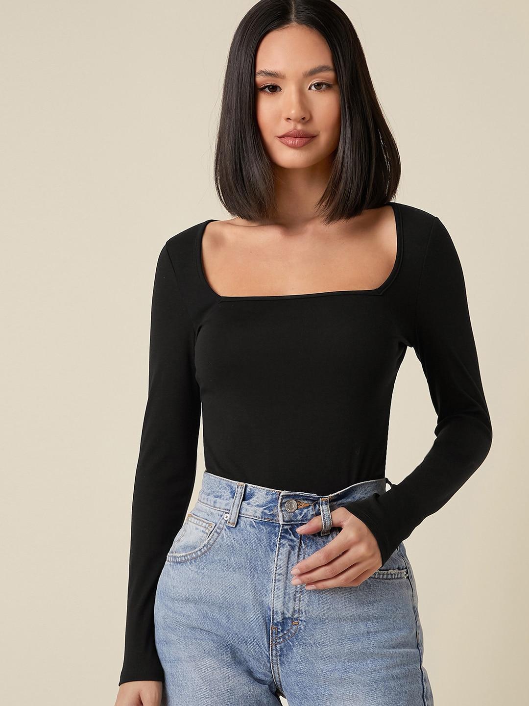 AAHWAN Black Solid Basic Square Neck Top