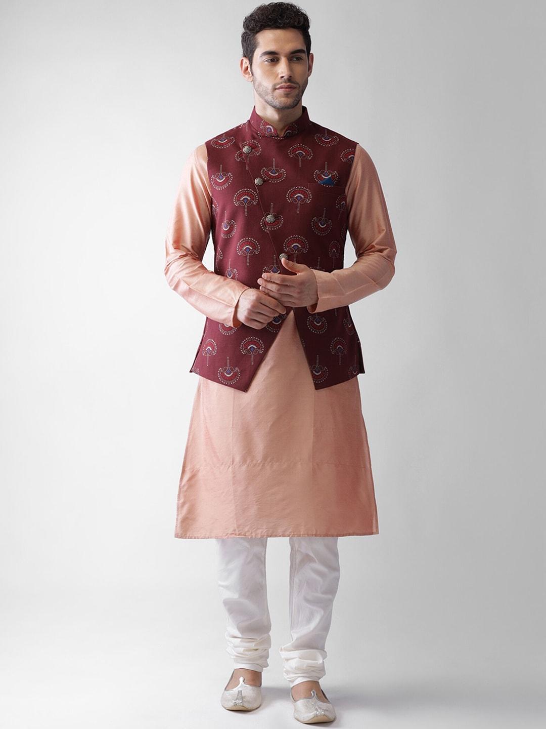 KISAH Men Peach-Coloured Kurta with Pyjama With Printed Nehru Jacket