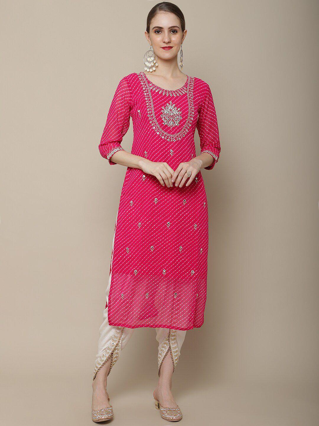 Sangria Women Pink Floral Embroidered Georgette Straight Kurta