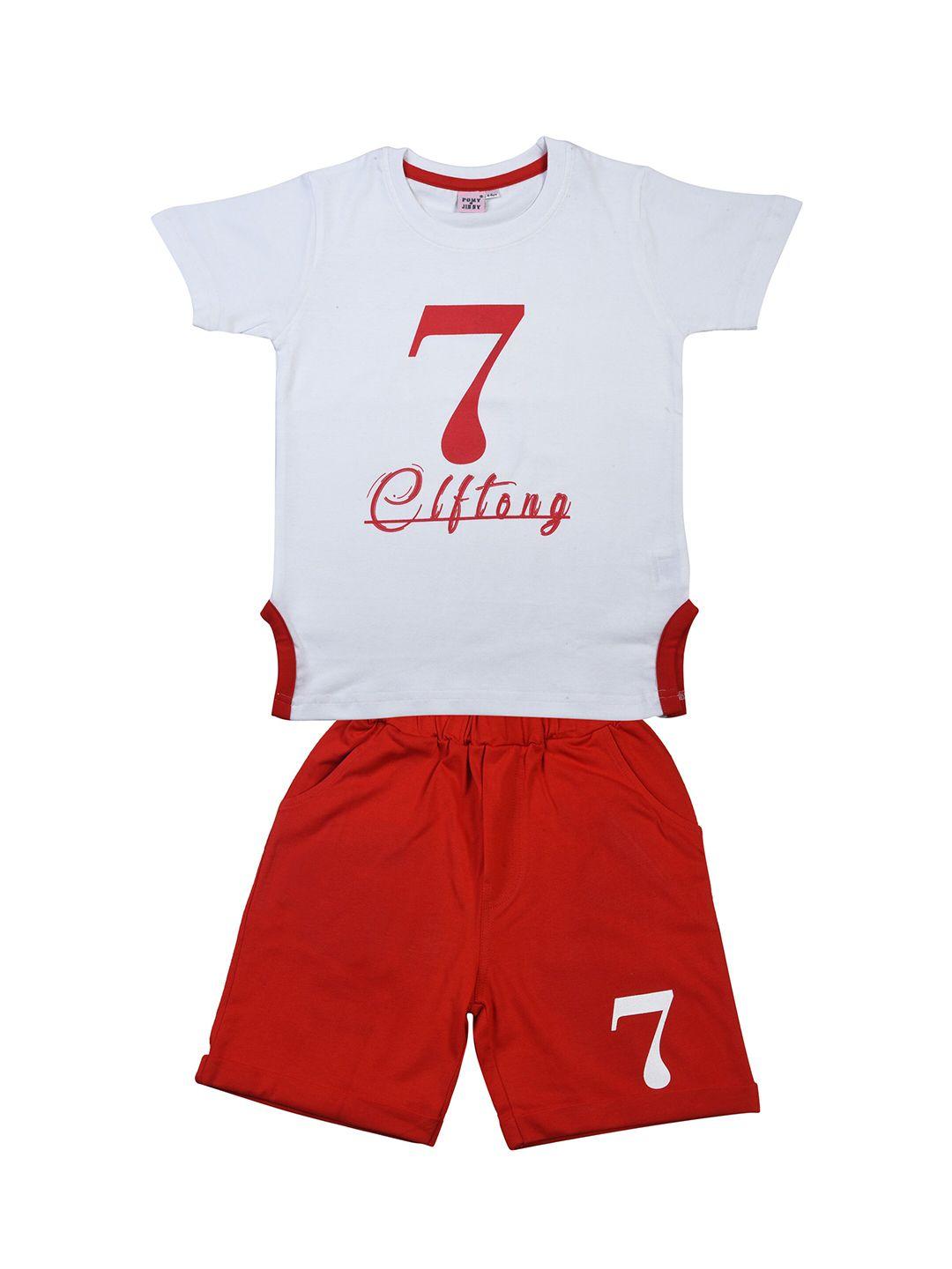 POMY & JINNY Boys White & Red Printed Pure Cotton Casual Clothing Set