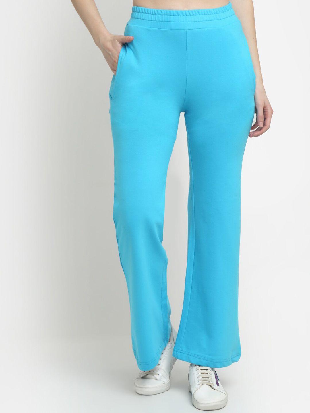 everdion-women-blue-solid-pure-cotton-flared-track-pants