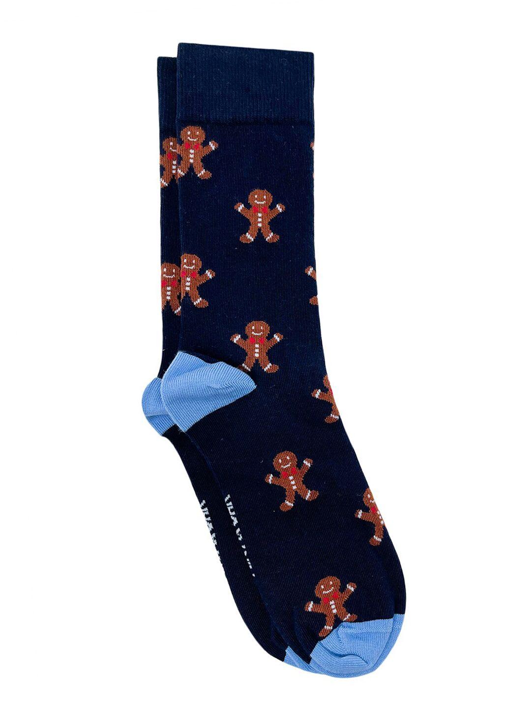 Mint & Oak Men Navy Blue Gingerbread Patterned Anti-bacterial Above Ankle Socks