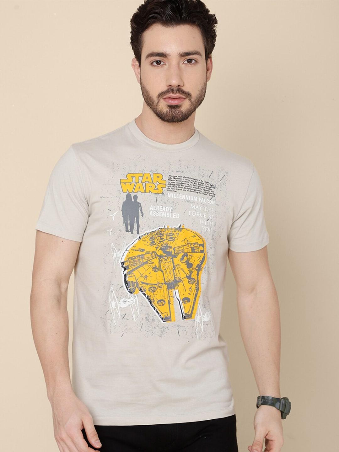 Free Authority Men Grey & Yellow Star Wars Printed Pure Cotton T-shirt