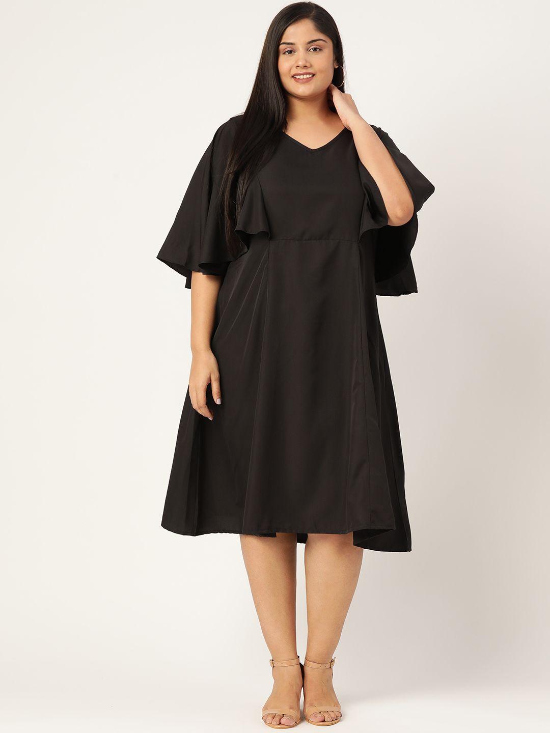 theRebelinme Plus Size Black Solid A-Line Midi Dress