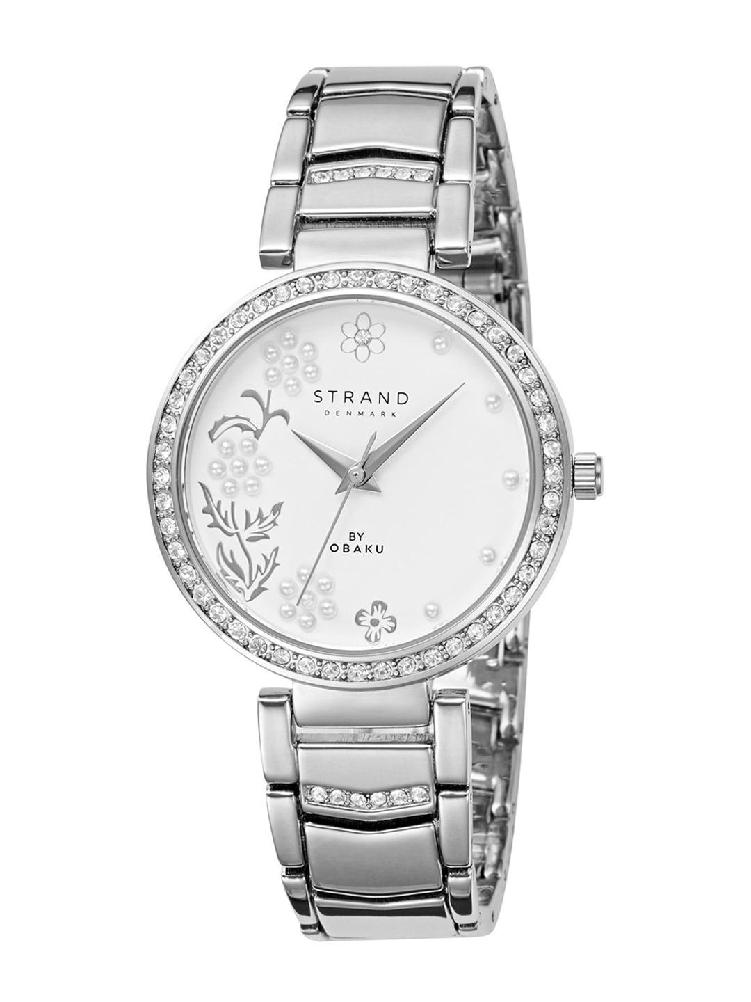 STRAND BY OBAKU Women White Brass Patterned Dial & Silver Toned Stainless Steel Bracelet Style Straps Watch