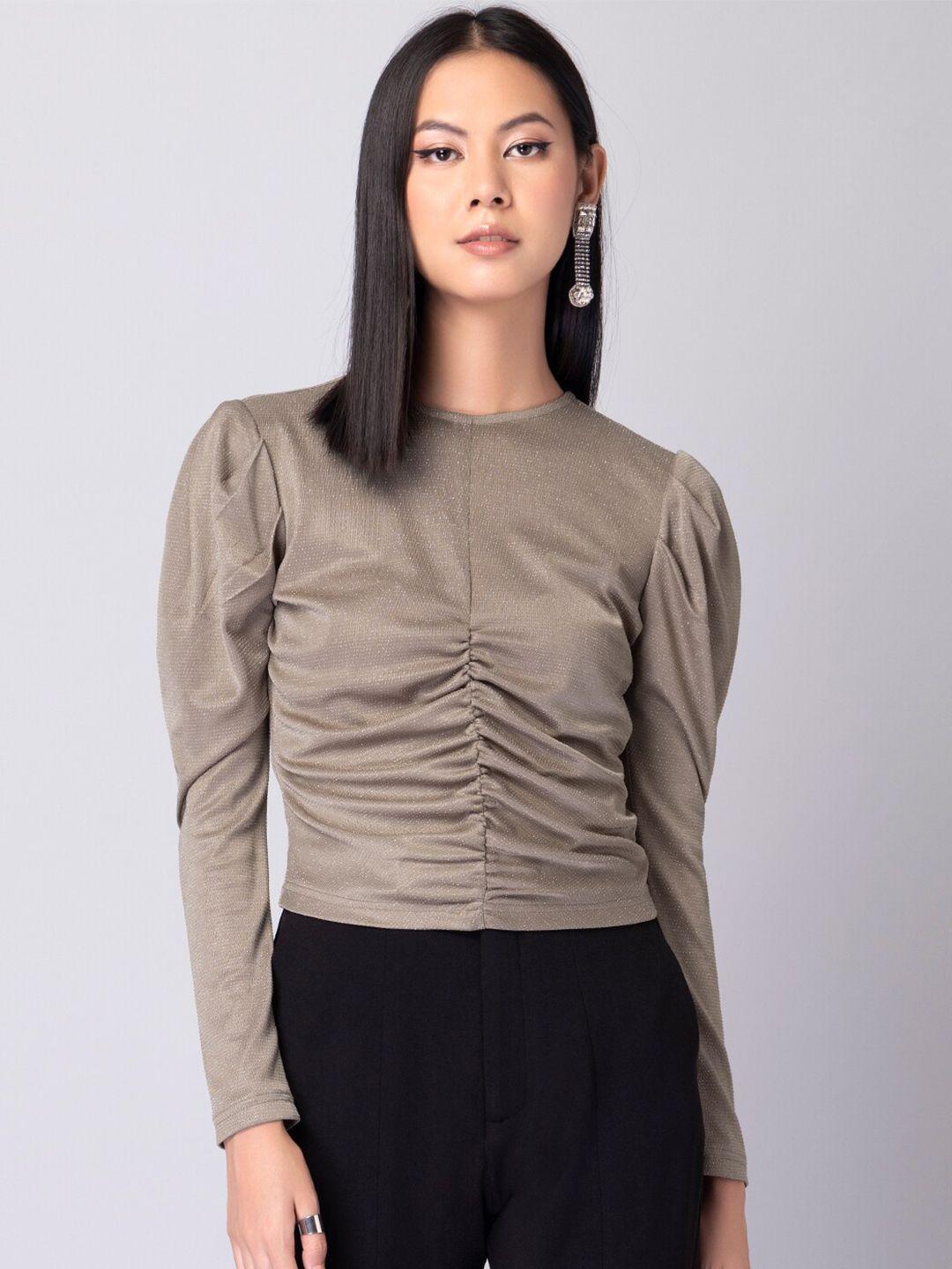 faballey-woman-beige-front-ruched-full-sleeve-top