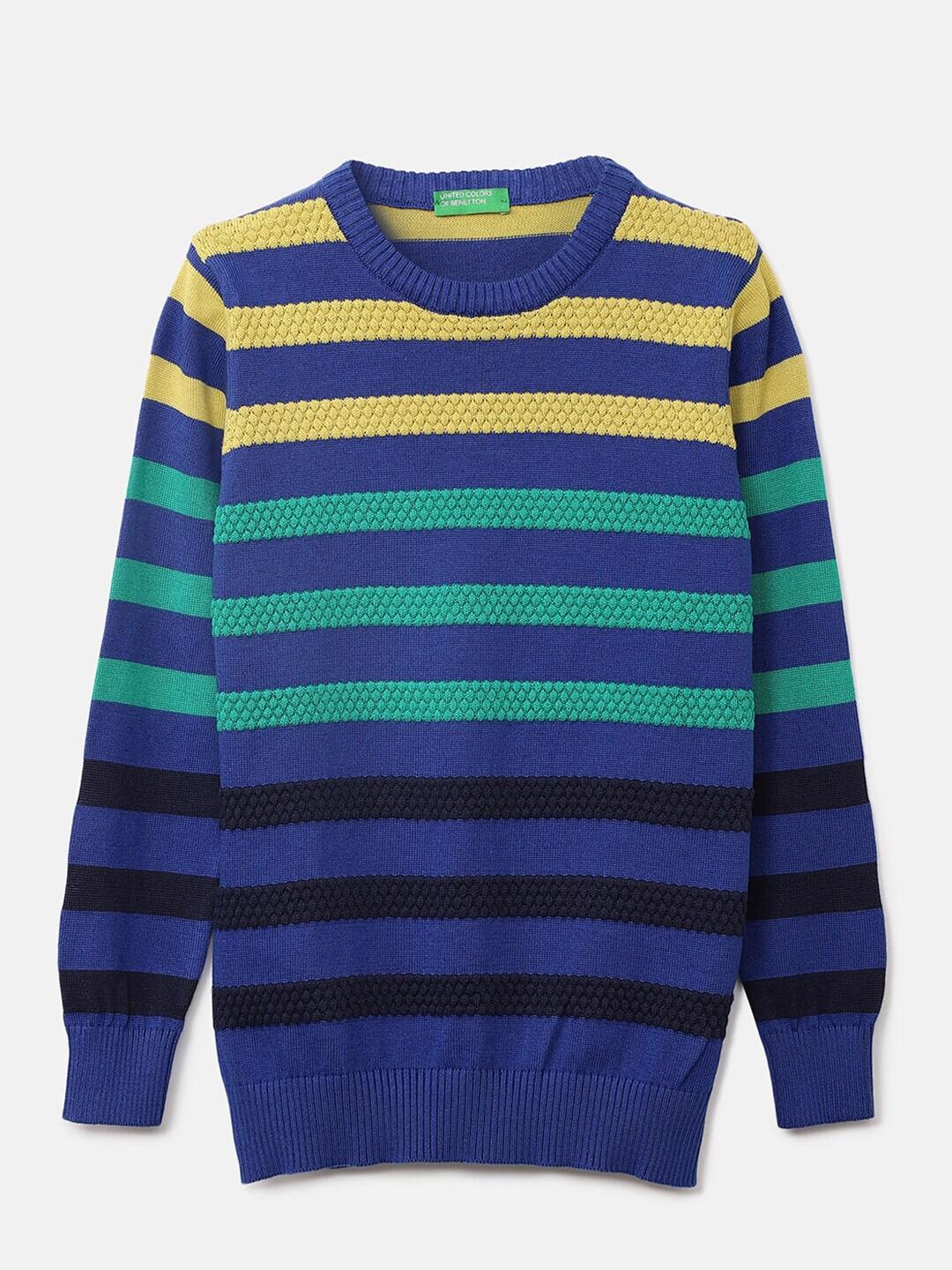 United Colors of Benetton Boys Blue & Yellow Cotton Striped Pullover