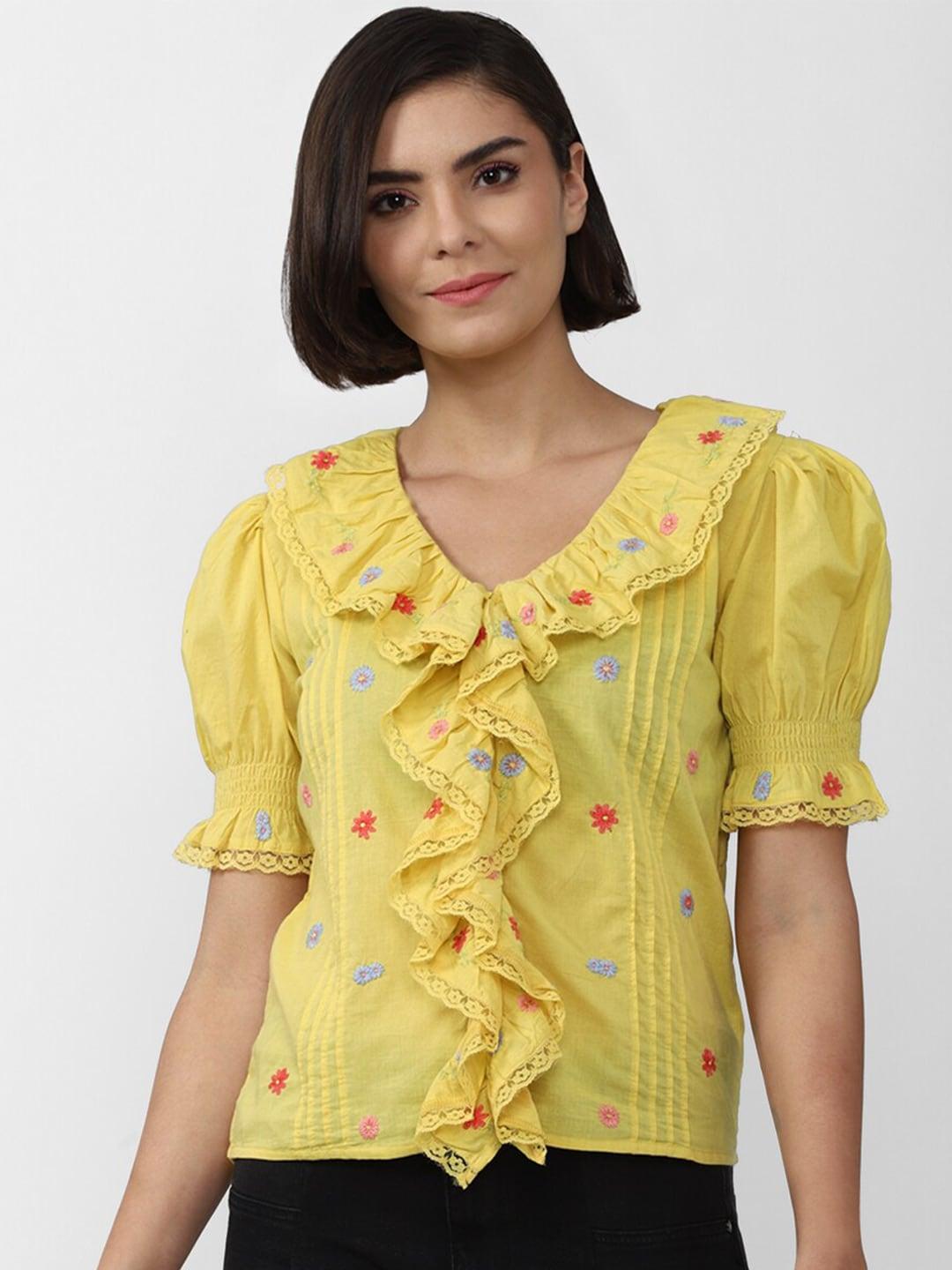 FOREVER 21 Yellow & Pink Floral Embroidered Ruffles Top