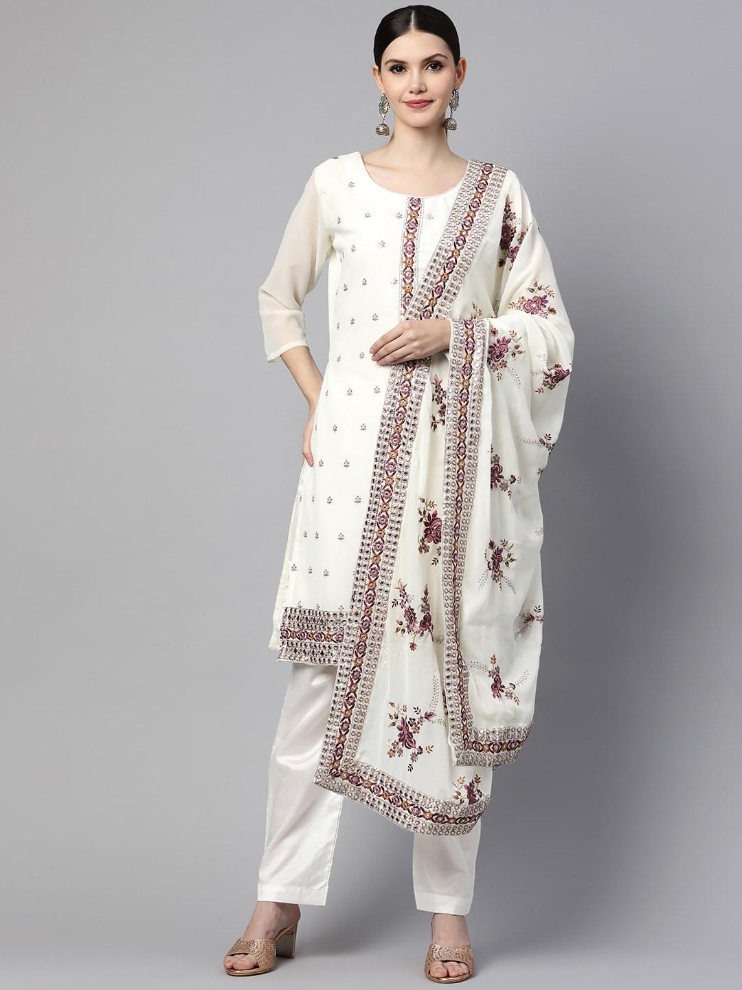 Readiprint Fashions Off White Embroidered Semi-Stitched Dress Material