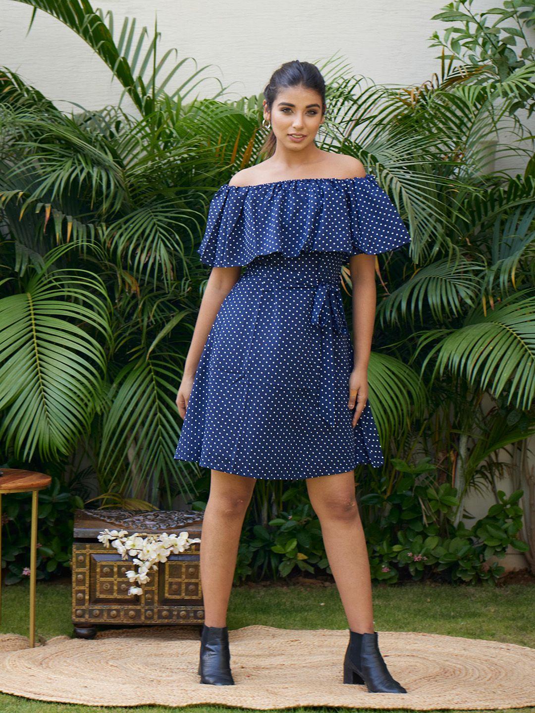 nangalia-ruchira-blue-off-shoulder-polka-dot-crepe-dress