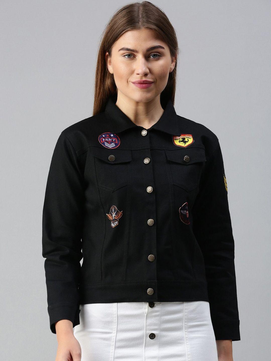 VOXATI Women Black Floral Crop Denim Jacket with Patchwork