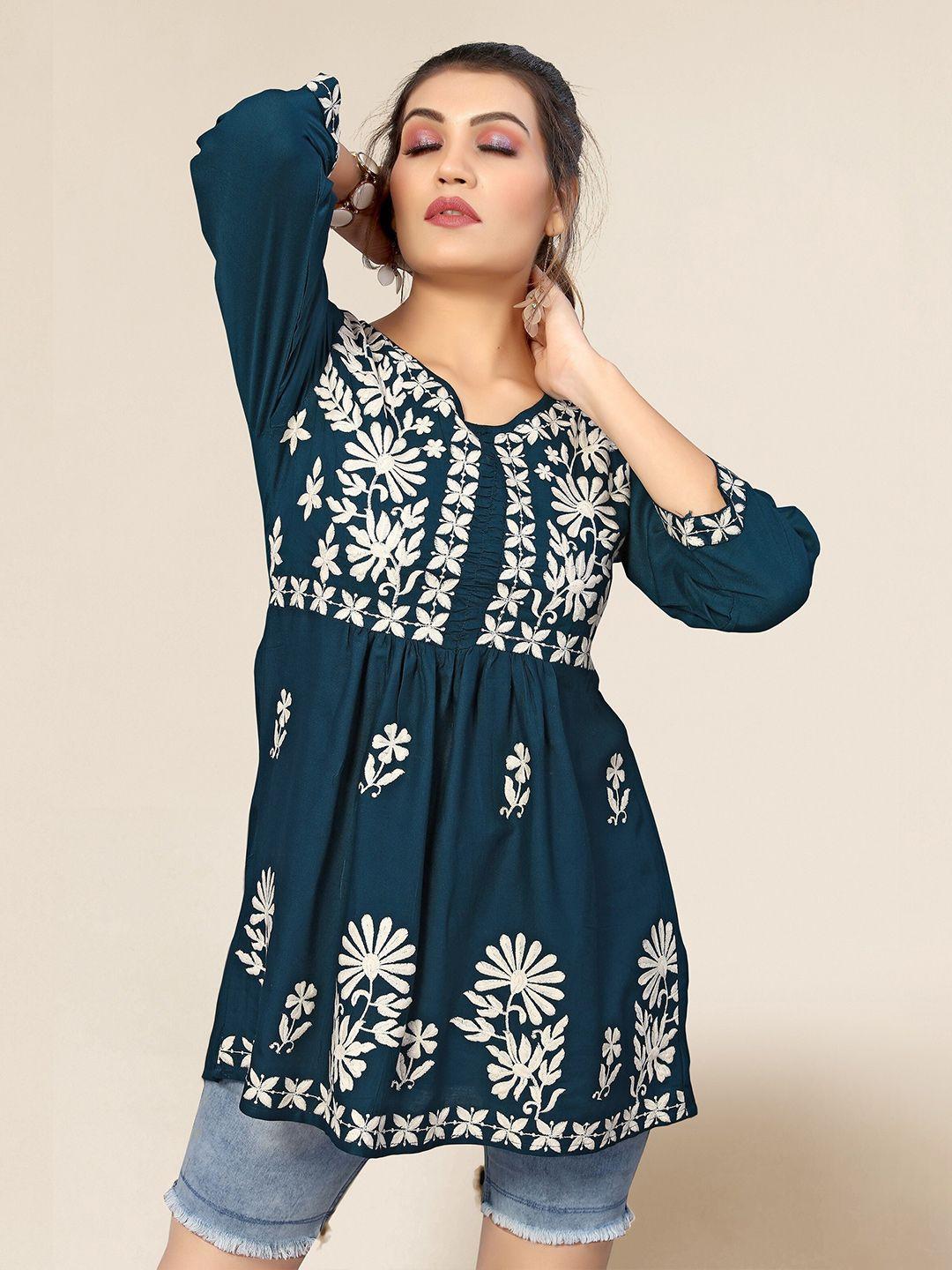 Winza Designer Women Blue Floral Embroidered Top