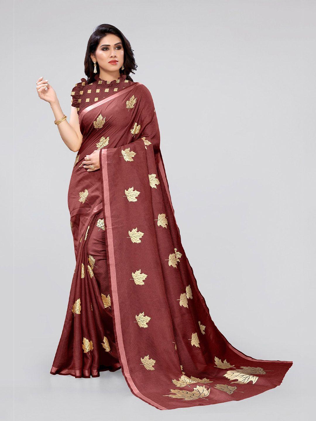 mirchi-fashion-maroon-&-gold-toned-floral-printed-cotton-blend-saree