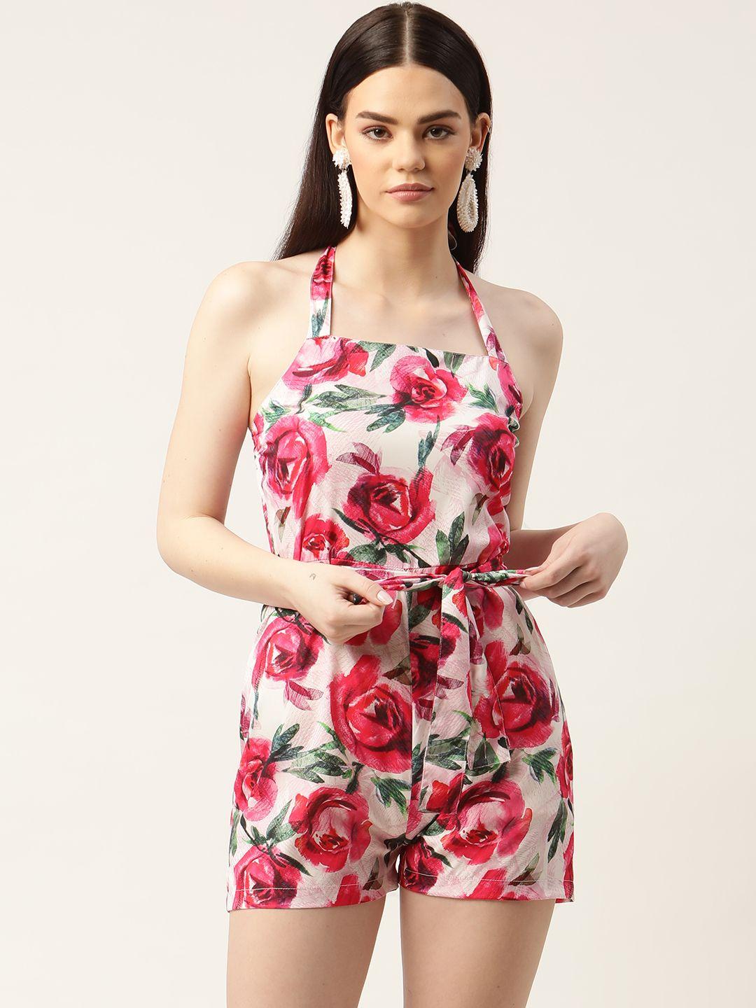 sleek-italia-off-white-&-pink-halter-neck-floral-printed-playsuit-&-belt