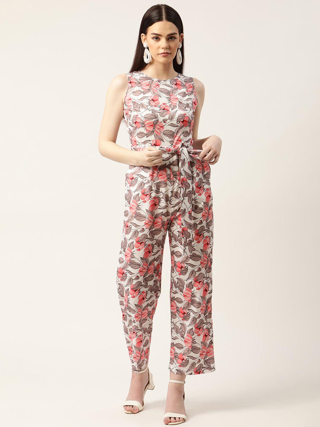 Sleek Italia Off White & Peach-Coloured Floral Printed Basic Jumpsuit with Waist Tie-Ups
