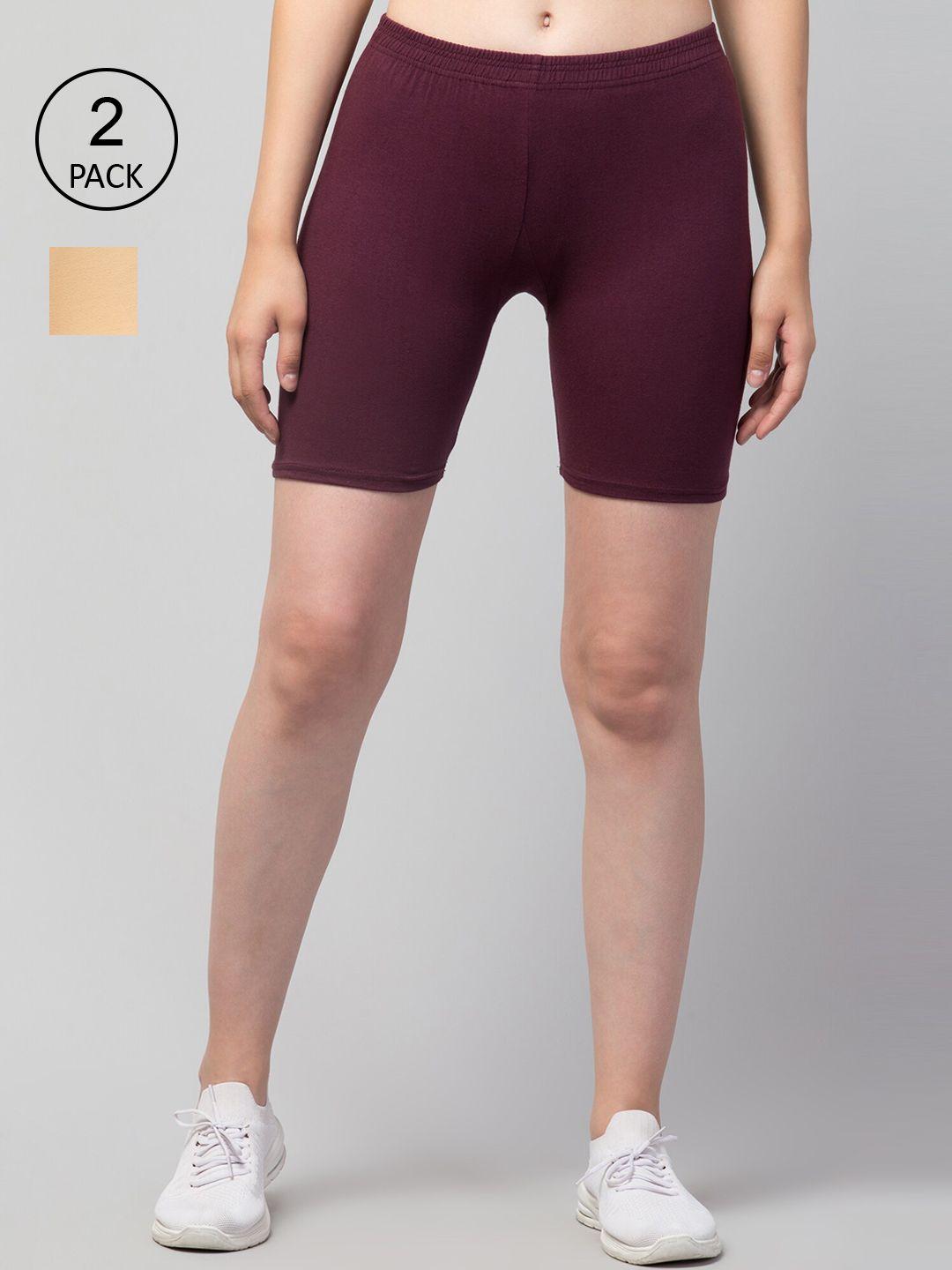 Apraa & Parma Women Maroon Pack Of 2 Slim Fit Cycling Pure Cotton Sports Shorts