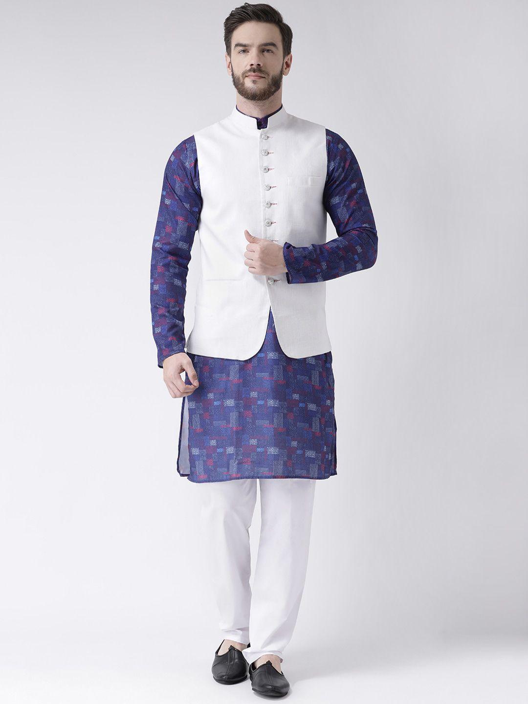 Hangup Men Printed Pure Cotton Kurta with Pyjamas & Nehru Jacket