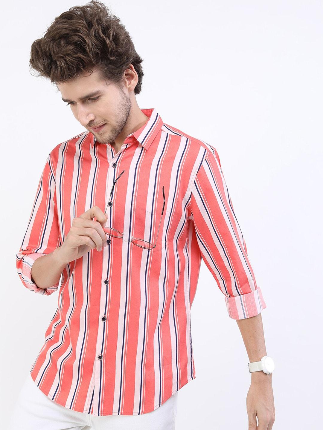 KETCH Men Peach-Coloured Slim Fit Striped Casual Shirt