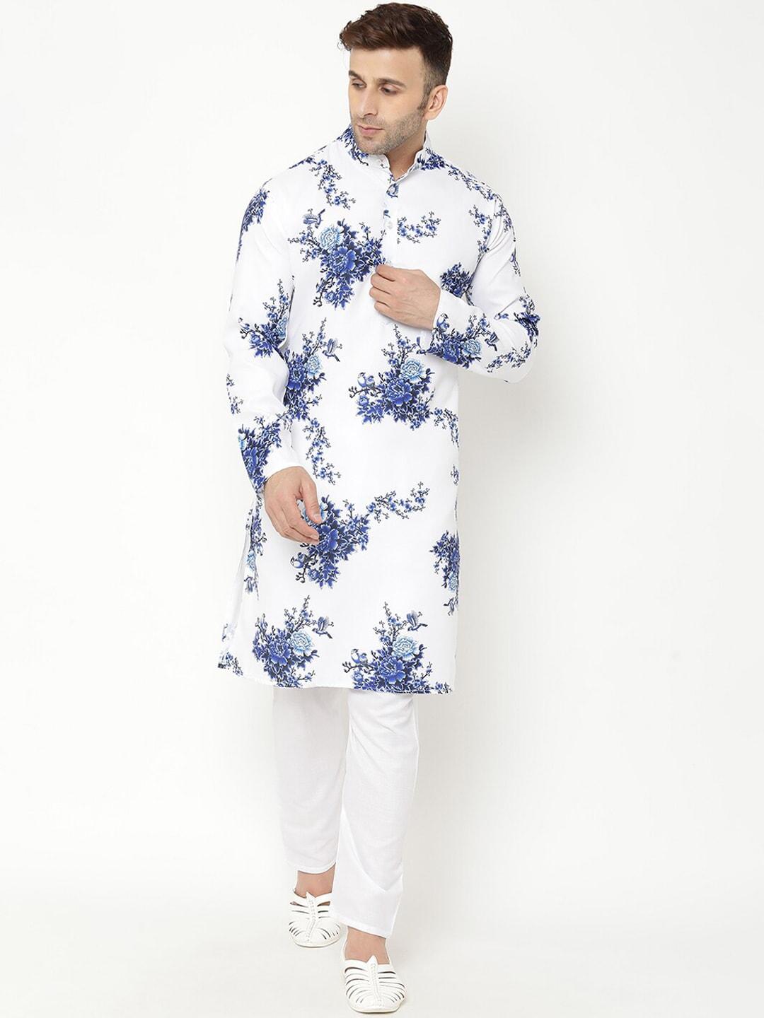 hangup-men-white-floral-printed-cotton-blend-kurta-with-pyjamas