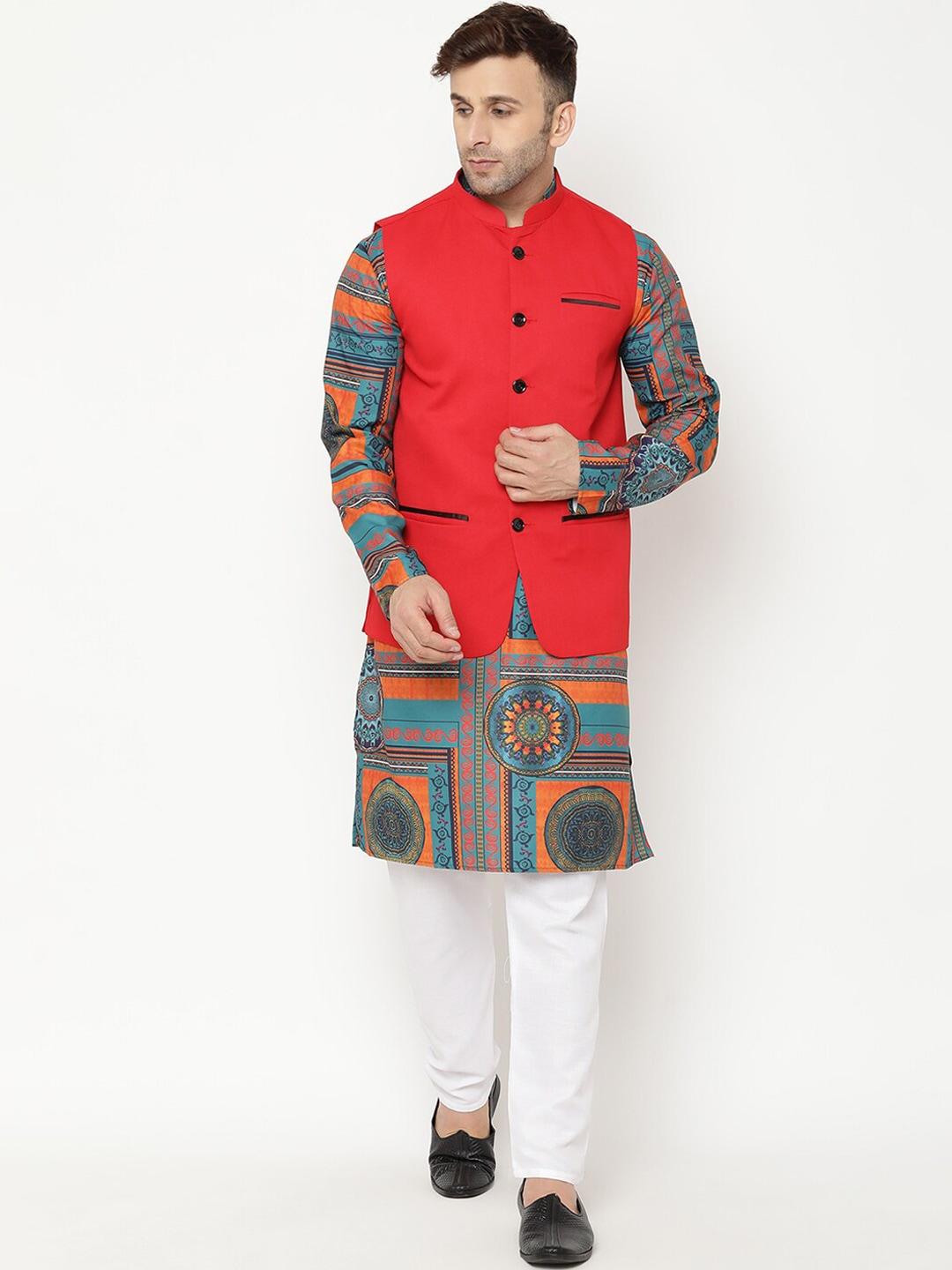 hangup-men-green-ethnic-motifs-printed-kurta-with-pyjamas-&-nehru-jacket-set