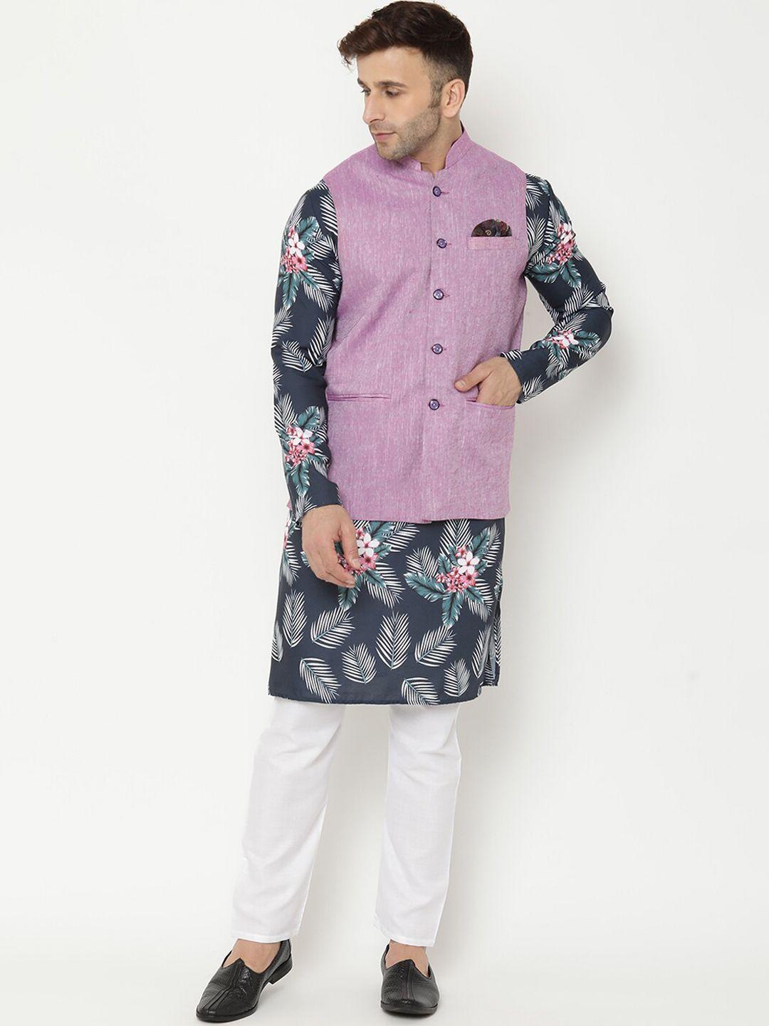 hangup-men-floral-print-mandarin-collar-kurta-with-pyjama-and-nehru-jacket