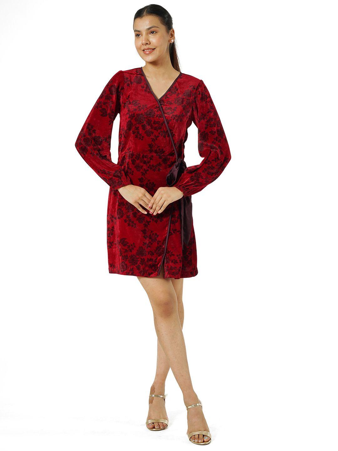 Taurus Women Floral Print Long Sleeves Velvet Mini Wrap Dress
