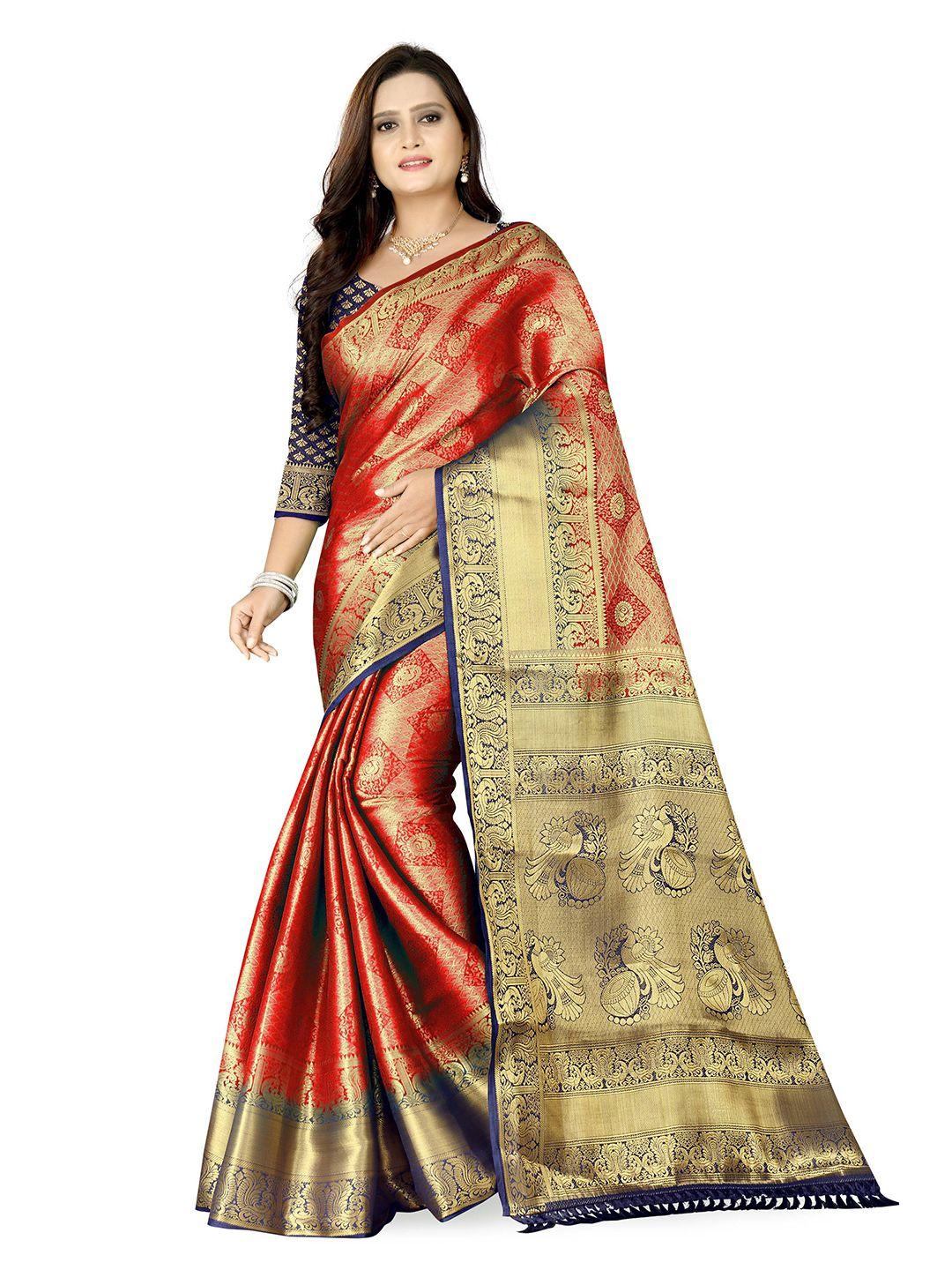 prasthan-red-&-blue-ethnic-motifs-zari-pure-silk-banarasi-saree