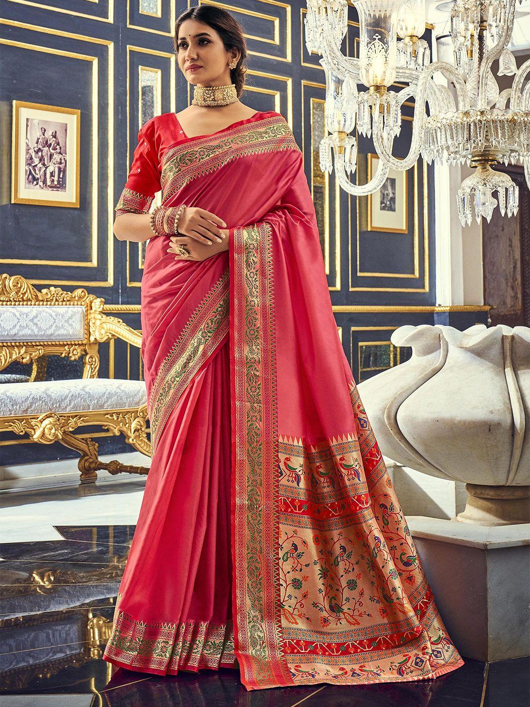 elora-pink-&-gold-toned-woven-design-zari-silk-blend-paithani-saree