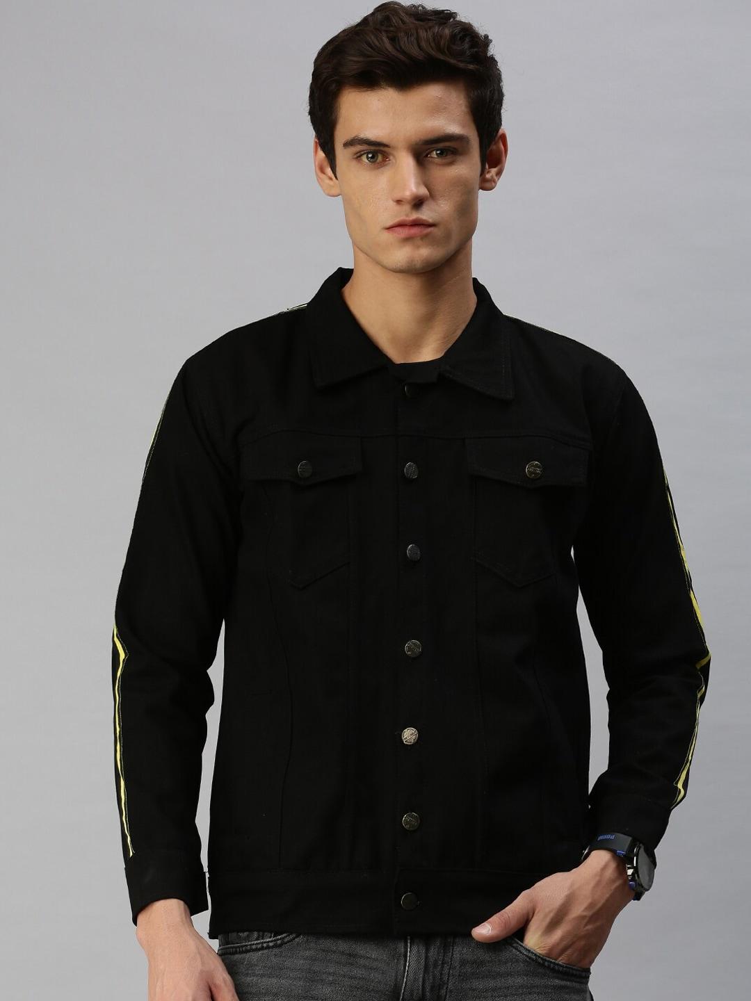 VOXATI Men Black Camouflage Longline Denim Jacket with Embroidered