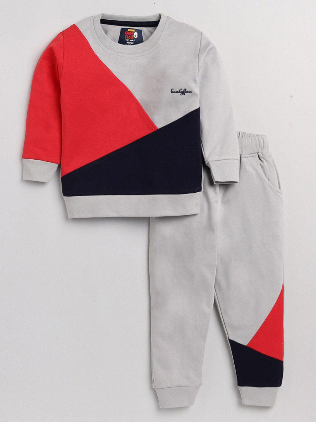 AMUL Kandyfloss Kids Grey Melange & Red Pure Cotton Colourblocked Top with Pyjamas