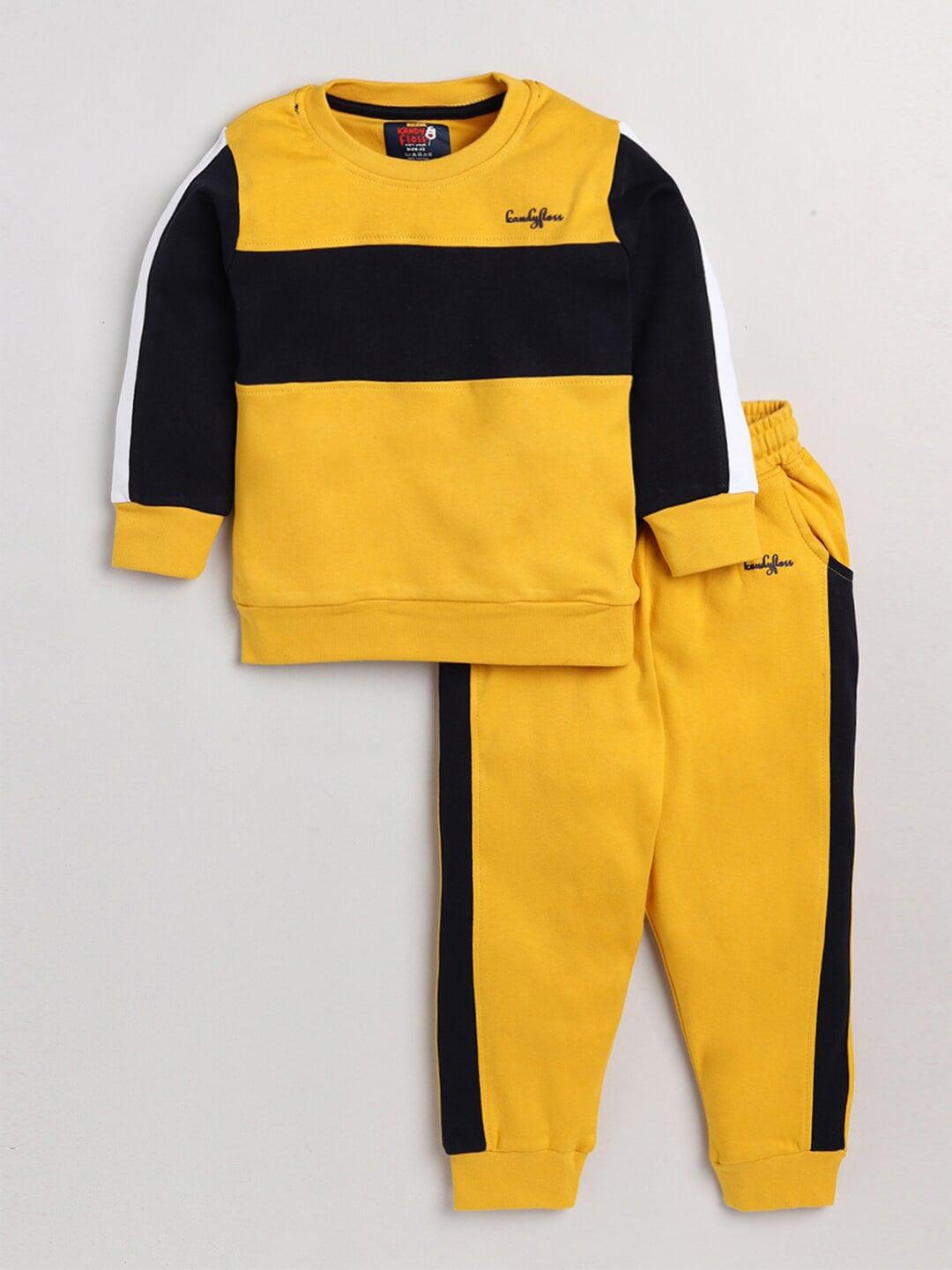 AMUL Kandyfloss Unisex Kids Yellow & Black Colourblocked Cotton Top with Pyjamas