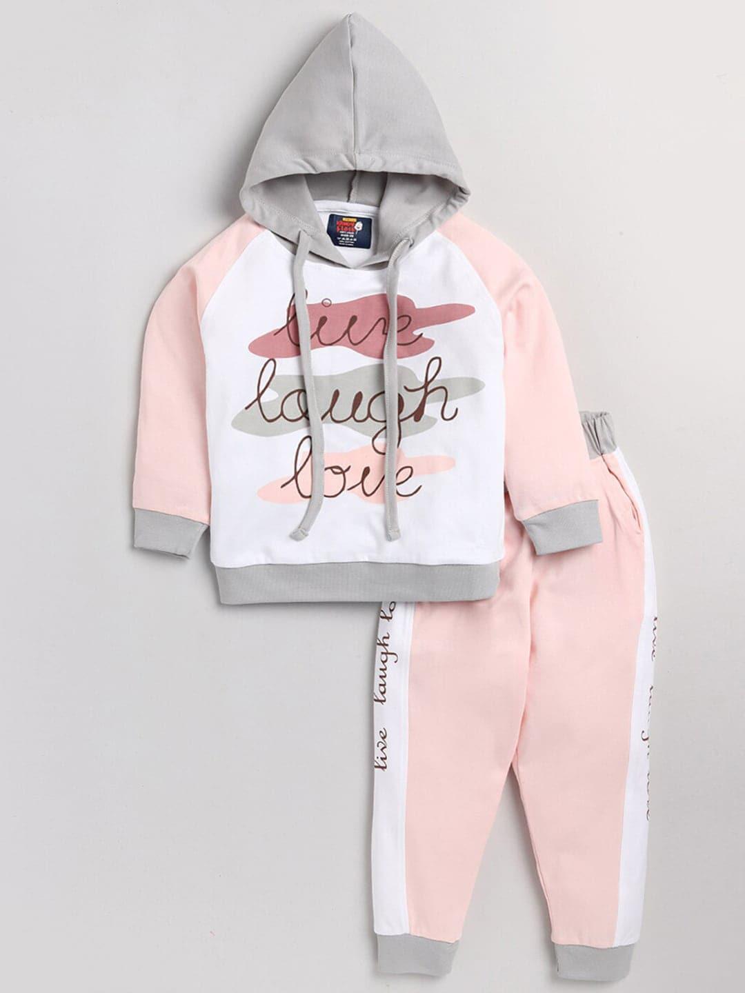 AMUL Kandyfloss Unisex Kids Pink & White Colourblocked Pure Cotton Top with Hood & Pyjama