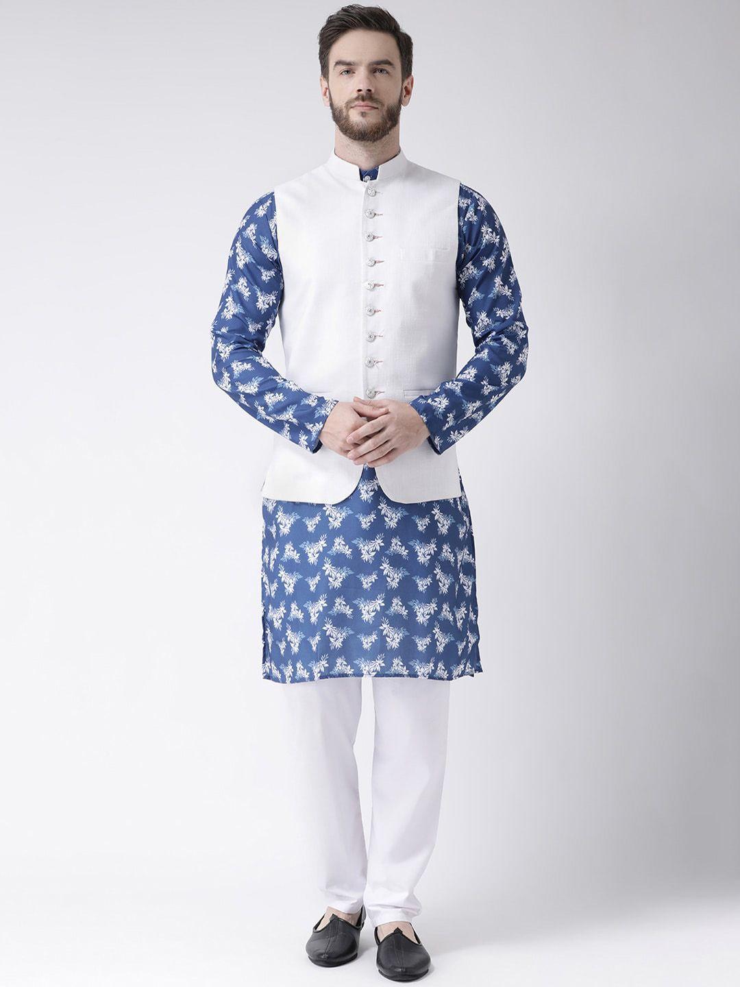 hangup-trend-men-blue-floral-printed-pure-cotton-kurta-with-pyjama-&-jacket