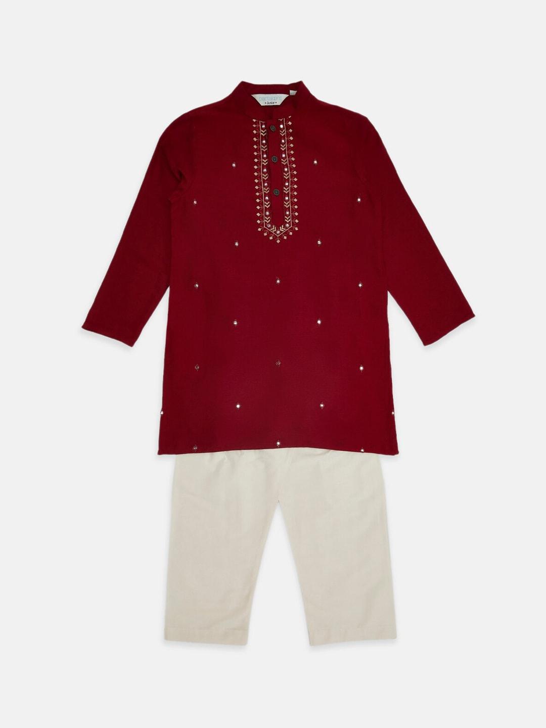 indus-route-by-pantaloons-boys-maroon-embroidered-mirror-work-kurta-with-pyjamas