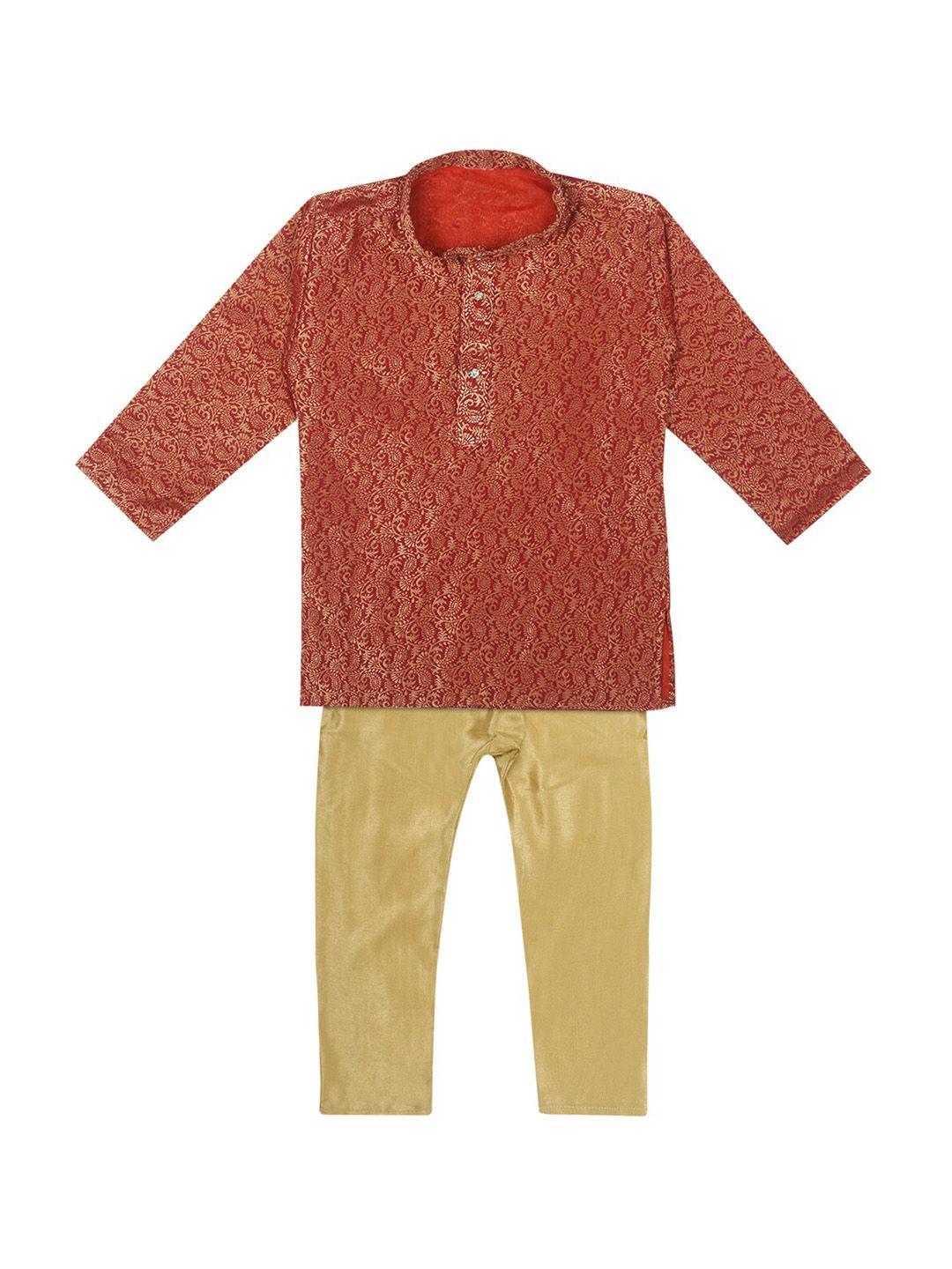 Superminis Kids Boys Brown And Beige Paisley Woven Design Pure Cotton Kurta With Pyjama