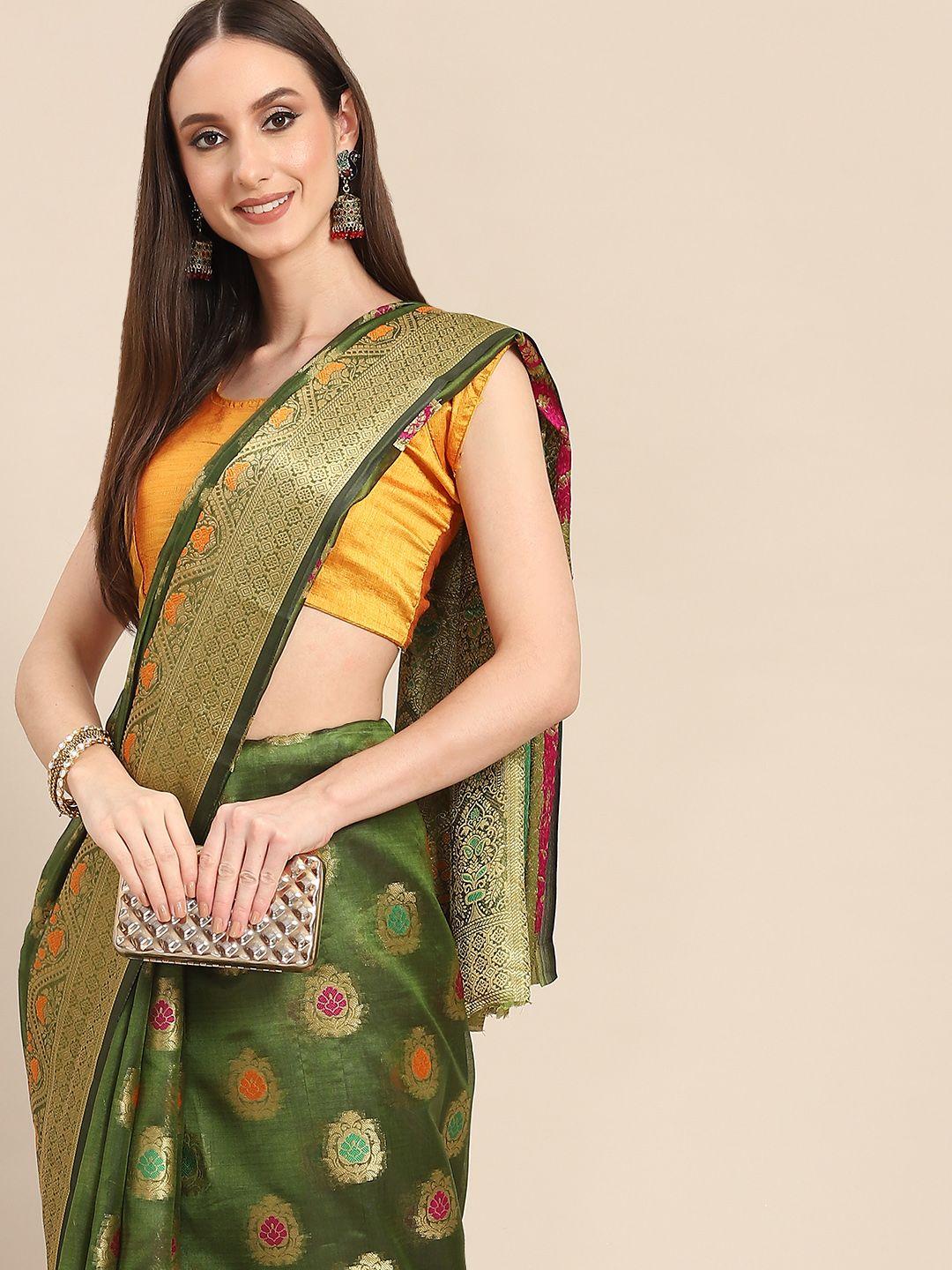 all-about-you-green-&-golden-woven-design-organza-saree