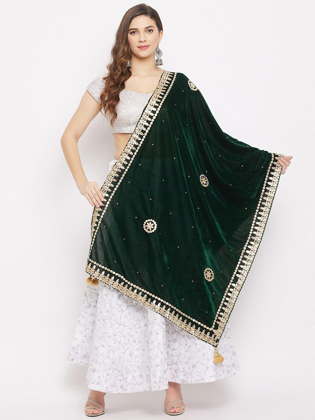 clora-creation-women-green-&-gold-embroidered-velvet-dupatta-with-gotta-patti