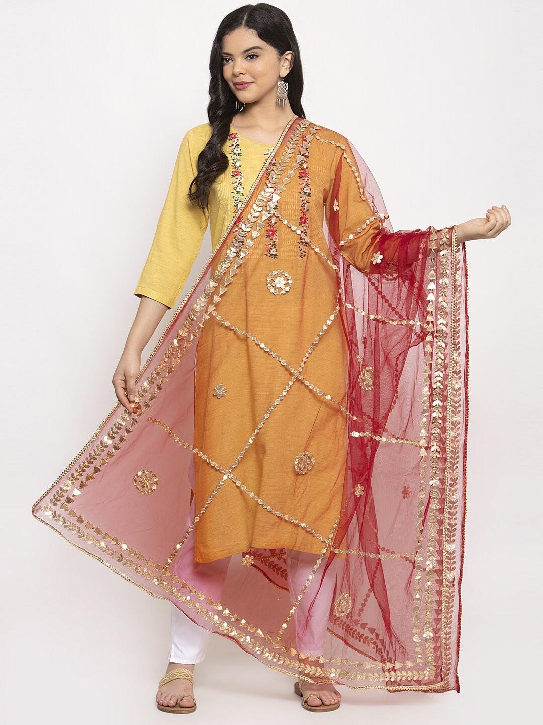 Clora Creation Red & Gold-Toned Embroidered Dupatta with Gotta Patti