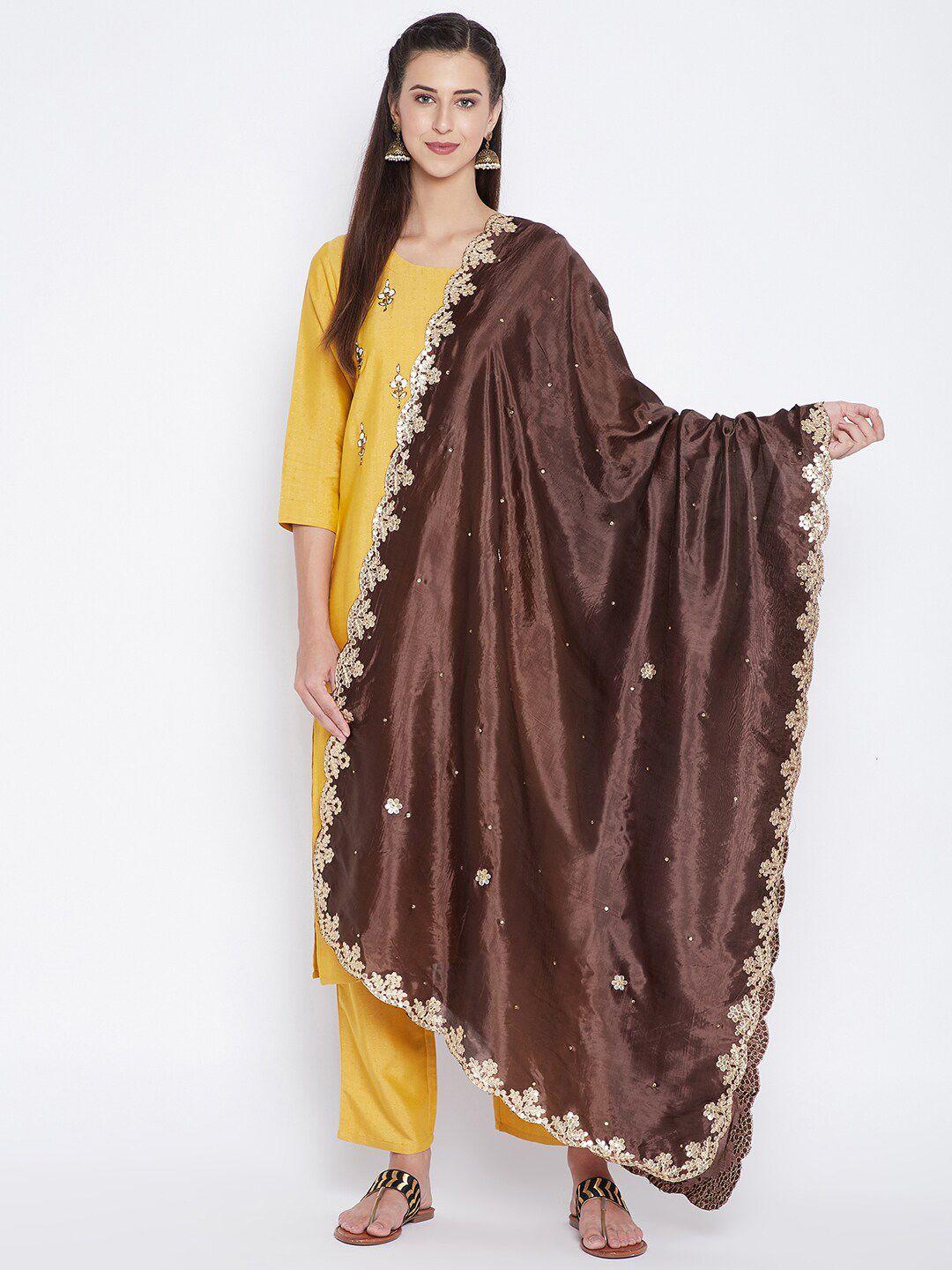 clora-creation-brown-&-gold-toned-embroidered-dupatta-with-gotta-patti
