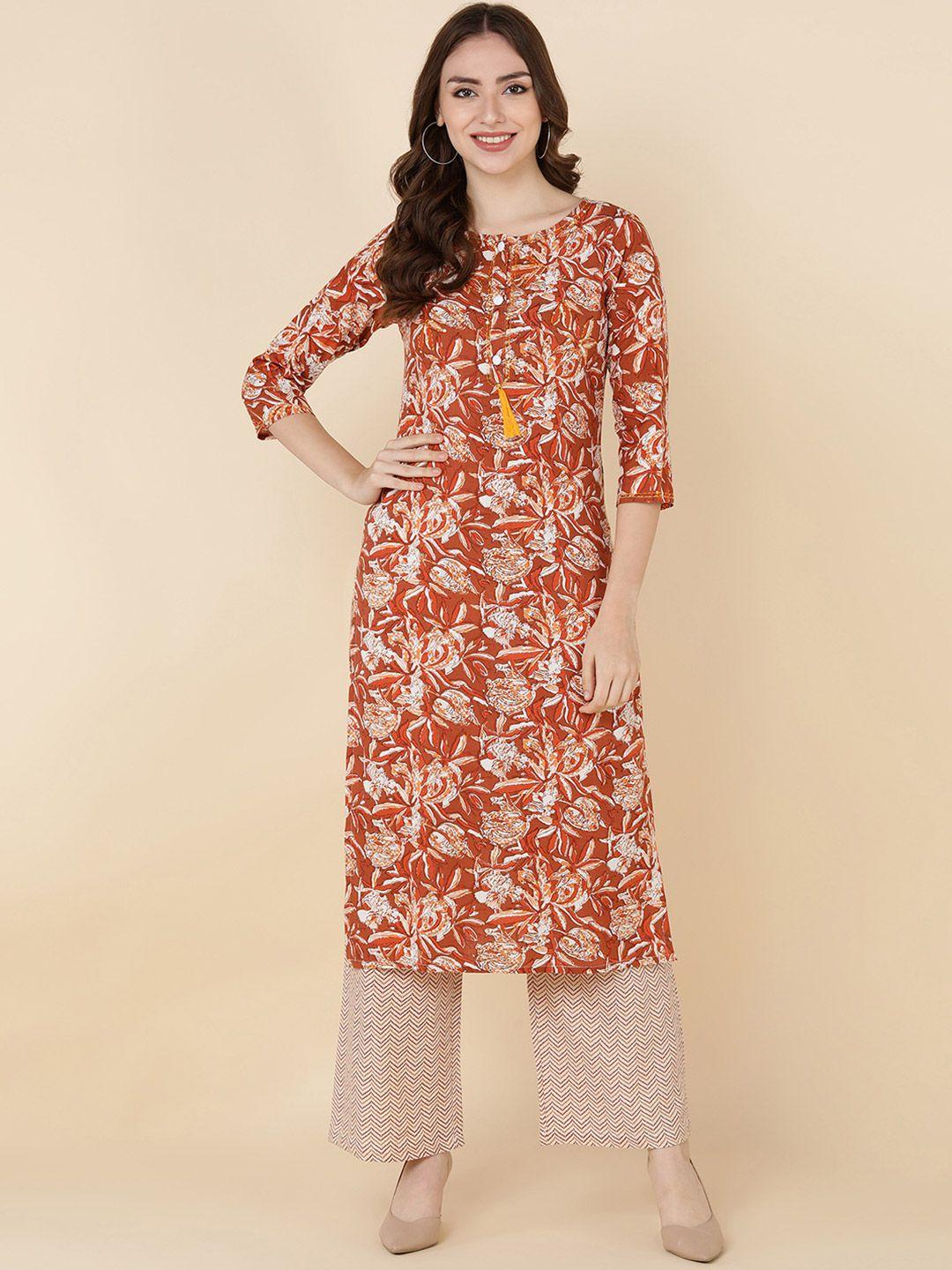 HERE&NOW Women Brown Floral Printed Sequinned Kurta with Trousers