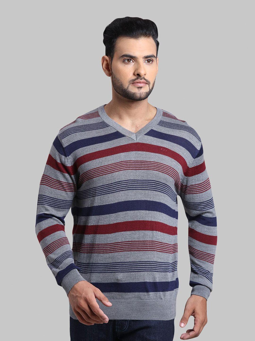 colorplus-men-plus-size-grey-&-maroon-striped-pullover