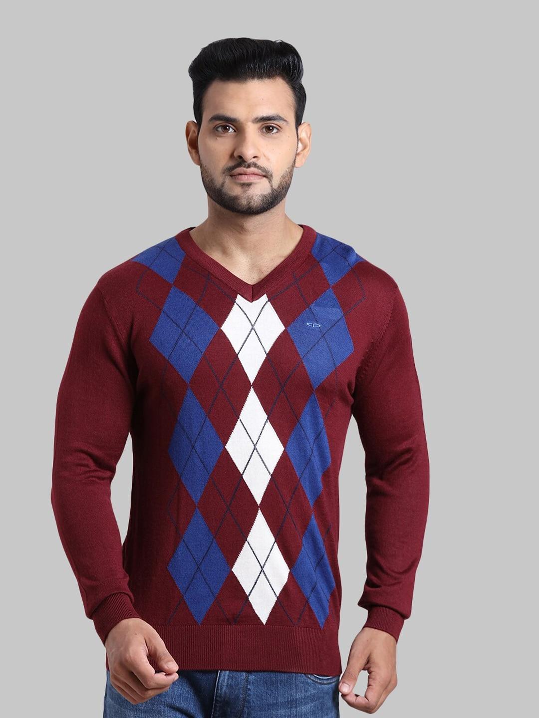 colorplus-men-blue-&-maroon-printed-pullover