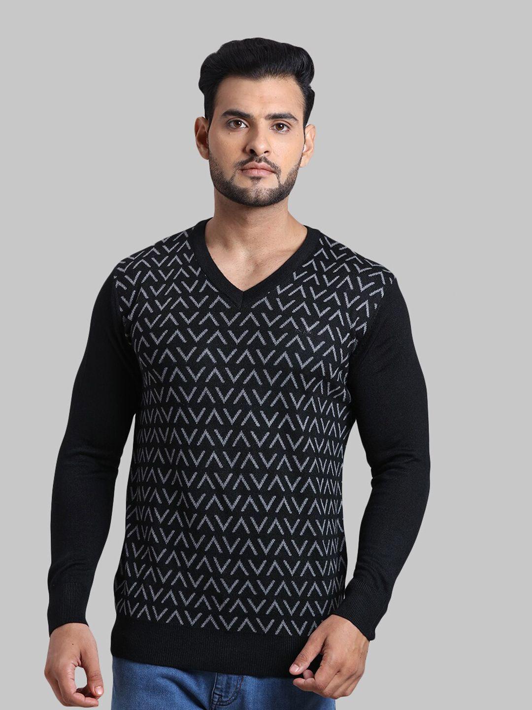 colorplus-men-black-&-white-acrylic-v-neck-printed-pullover-sweater