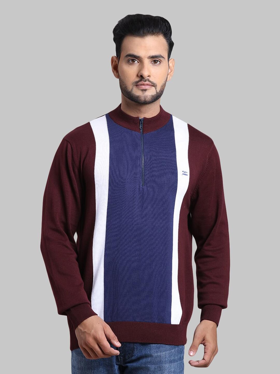 ColorPlus Men Maroon & Blue Colourblocked Cotton Sweater