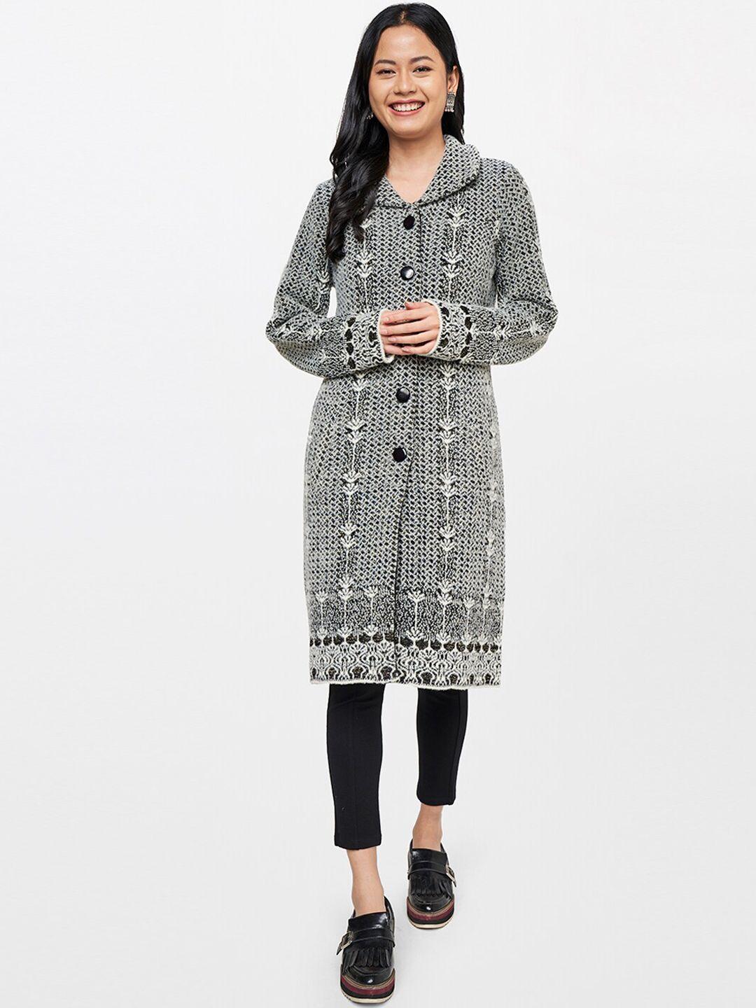 Global Desi Women Grey Geometric Acrylic Longline Tailored Jacket