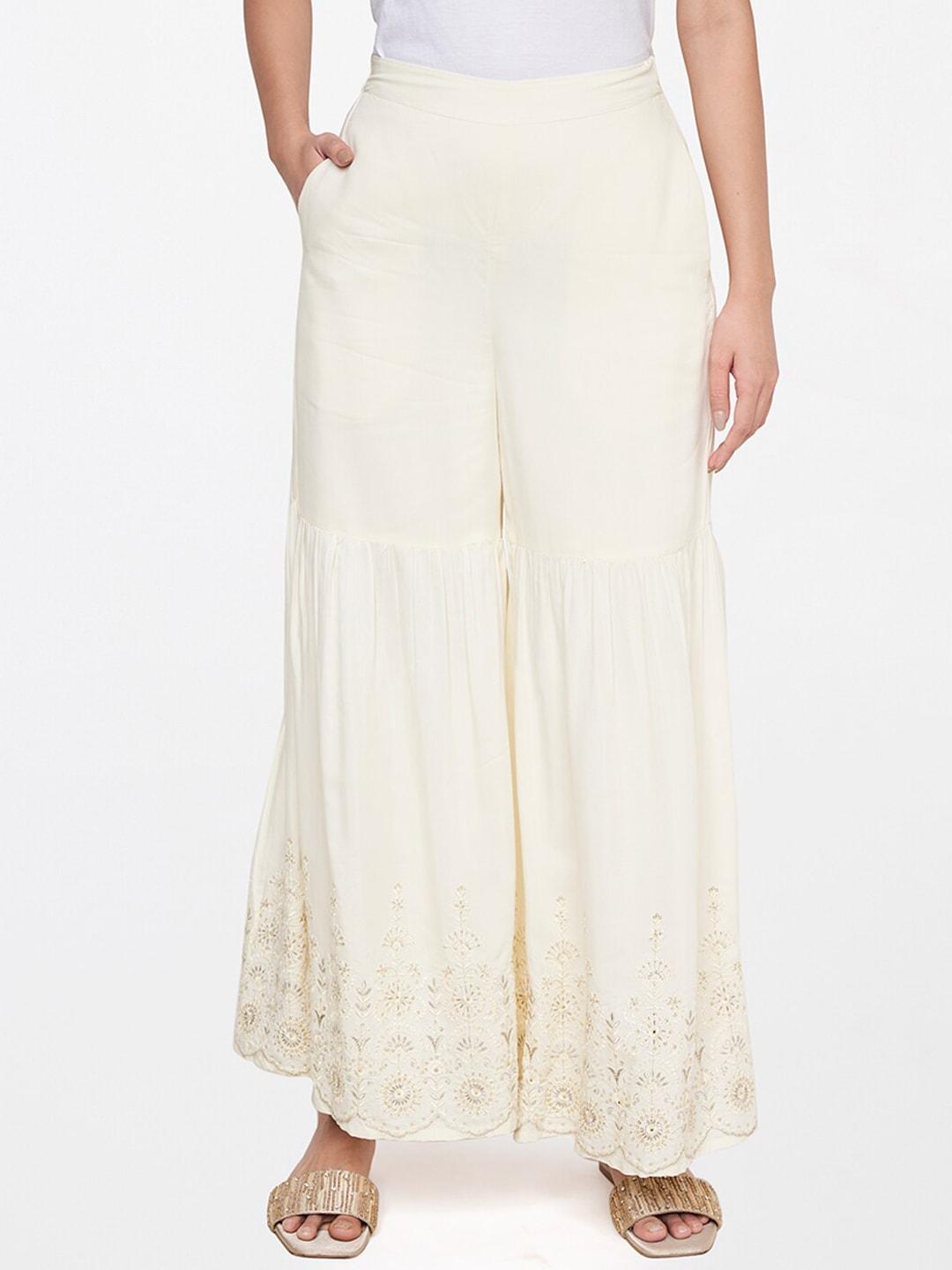 Global Desi Women Off White Embroidered Trousers
