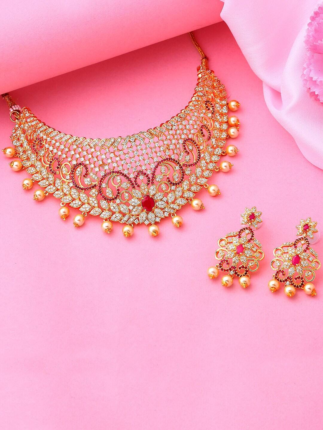 Estele Women Gold-Plated Pink & White CZ Stone Studded Jewellery Set