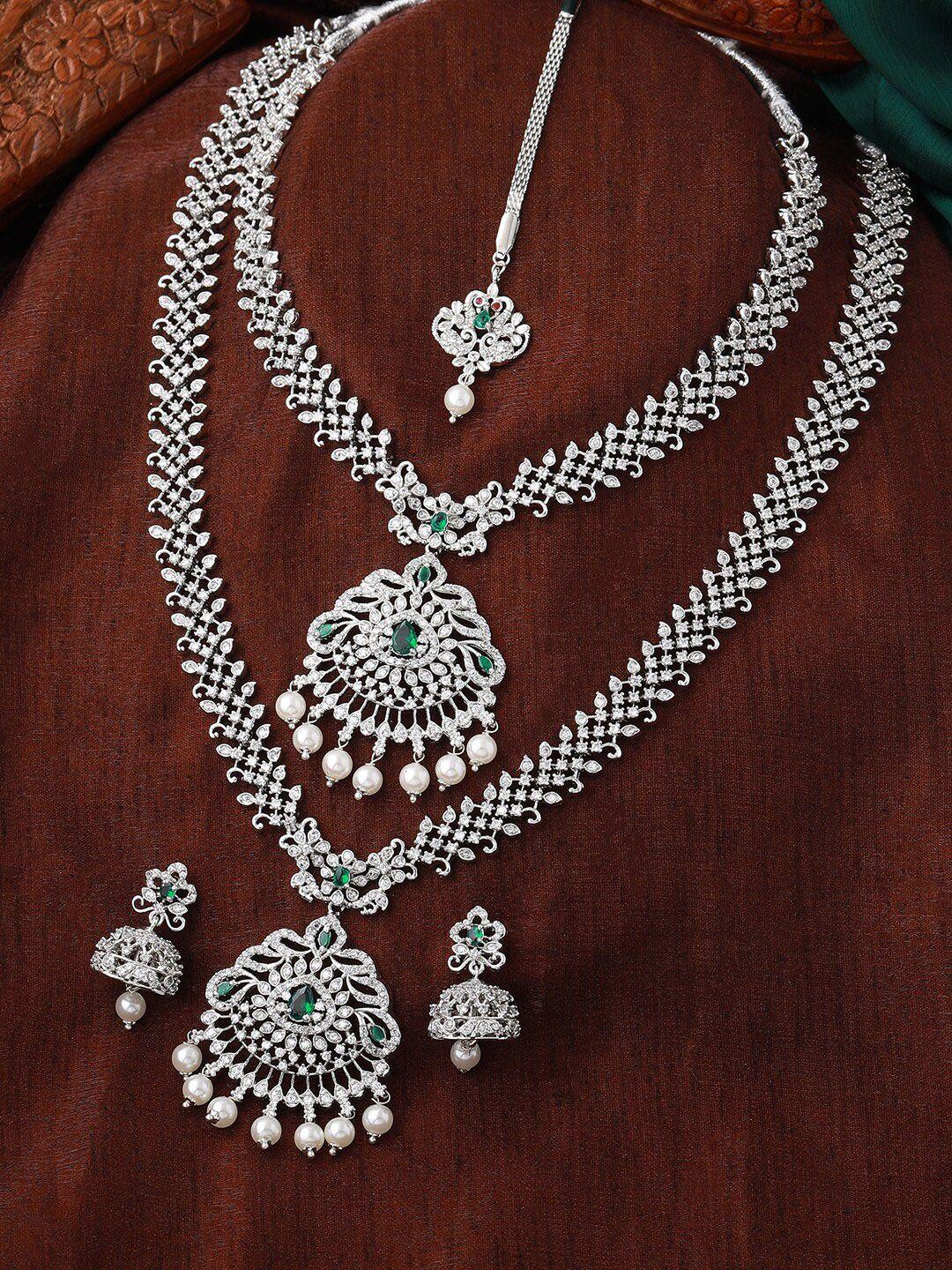 Estele Rhodium-Plated Silver Green CZ-Studded Jewellery Set